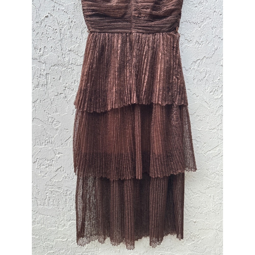Self-Portrait Brown Lace‎ Tiered Midi Dress Ruched Ruffle Sleeveless US 4 - Picture 9 of 10